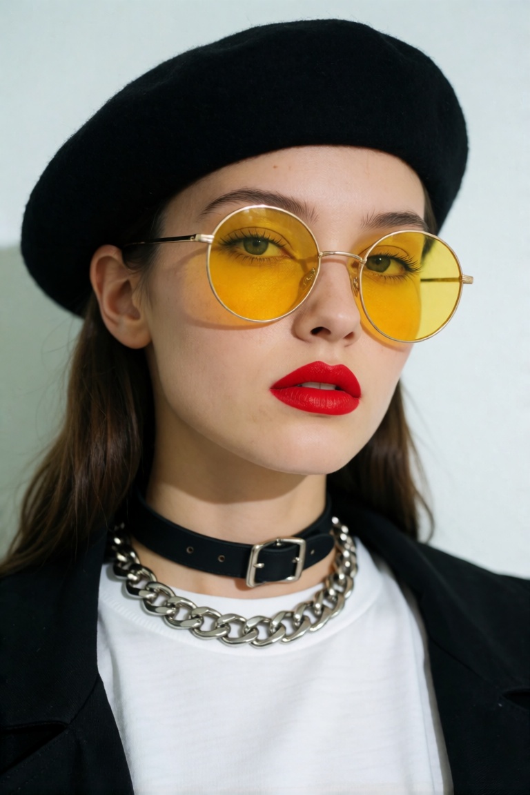 Photorealistic portrait of a stylish young woman wearing a black beret and round gold-framed sunglasses with yellow lenses...