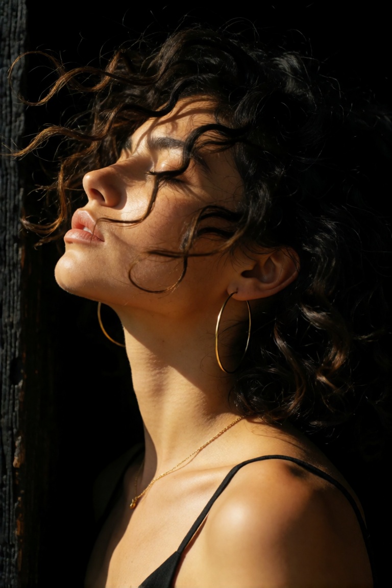Cinematic close-up profile portrait of a woman with her head tilted upward and eyes closed,  facing left. She has wild,  d...