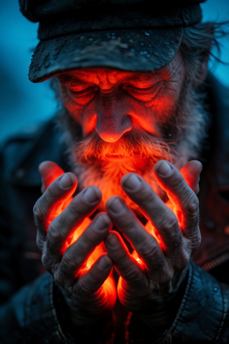 An intimate,  shallow depth of field close-up photograph of a weathered,  bearded man with his head bowed and eyes closed....