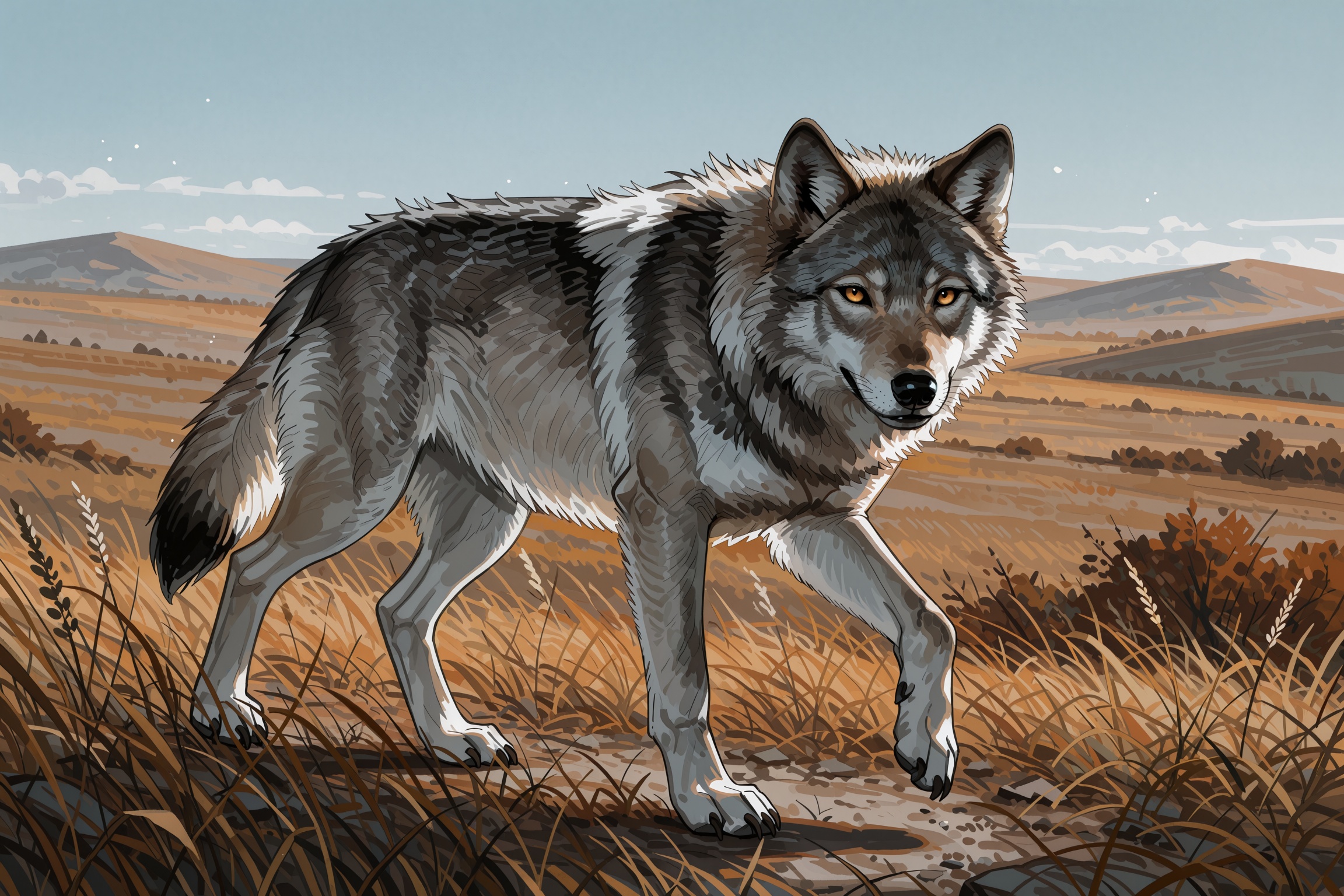 Vv.LXVIII - Wolfsbane,  grey wolf walking through the beautiful open prairies,  the wolf is looking at the viewer on Tenso...