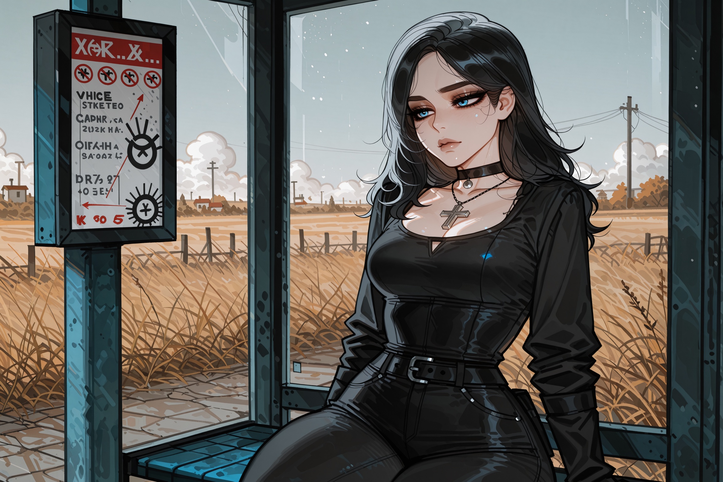 Vv.LXVIII - Wolfsbane,  woman with long black hair and baby blue eyes dressed in goth attire sitting at a bus stop in a ru...