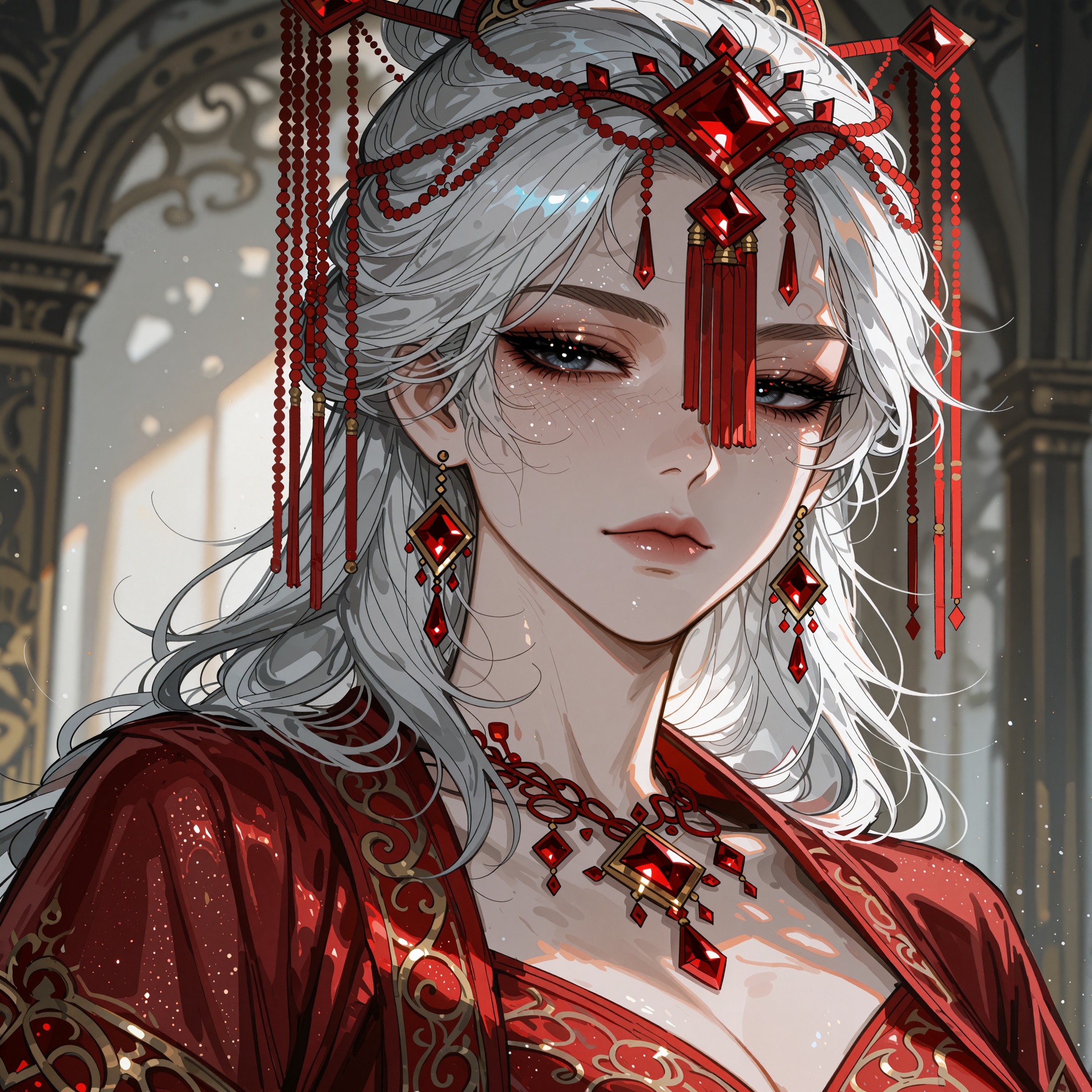 Vv.LXVIII - Wolfsbane,  this piece portrays a captivating and alluring ancient-style woman with a commanding presence and...