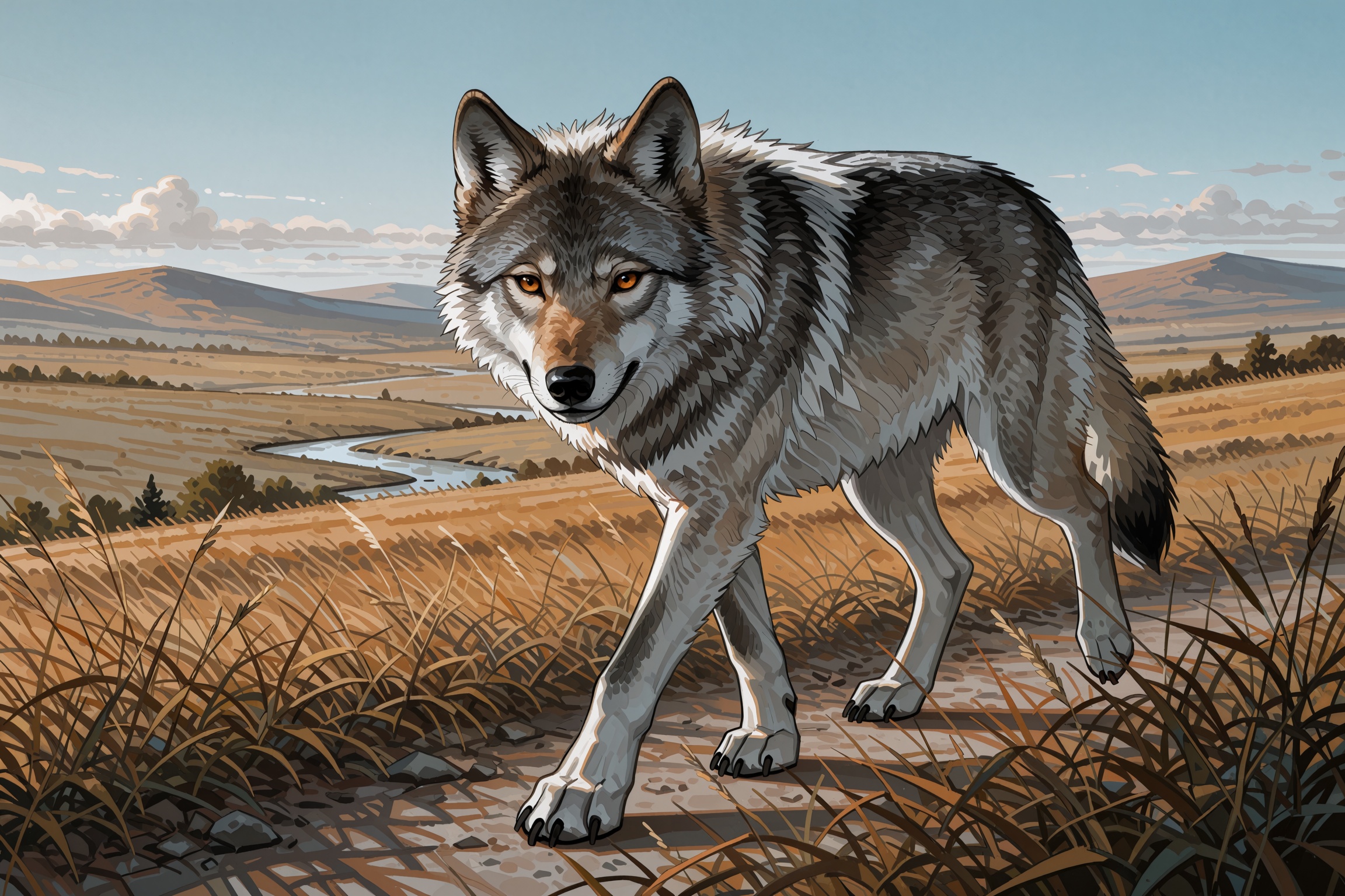 Vv.LXVIII - Wolfsbane,  grey wolf walking through the beautiful open prairies,  the wolf is looking at the viewer on Tenso...
