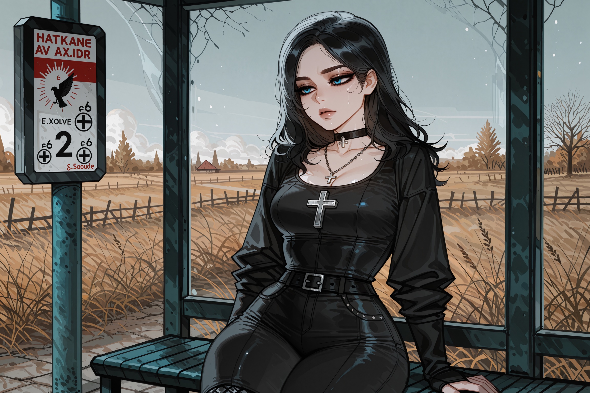 Vv.LXVIII - Wolfsbane,  woman with long black hair and baby blue eyes dressed in goth attire sitting at a bus stop in a ru...