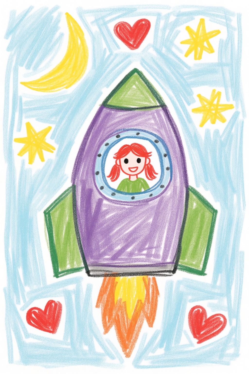 childrencrayondrawing2k2e1. This is a colorful,  whimsical drawing depicting a drawing of a rocket ship,  drawn in purple....