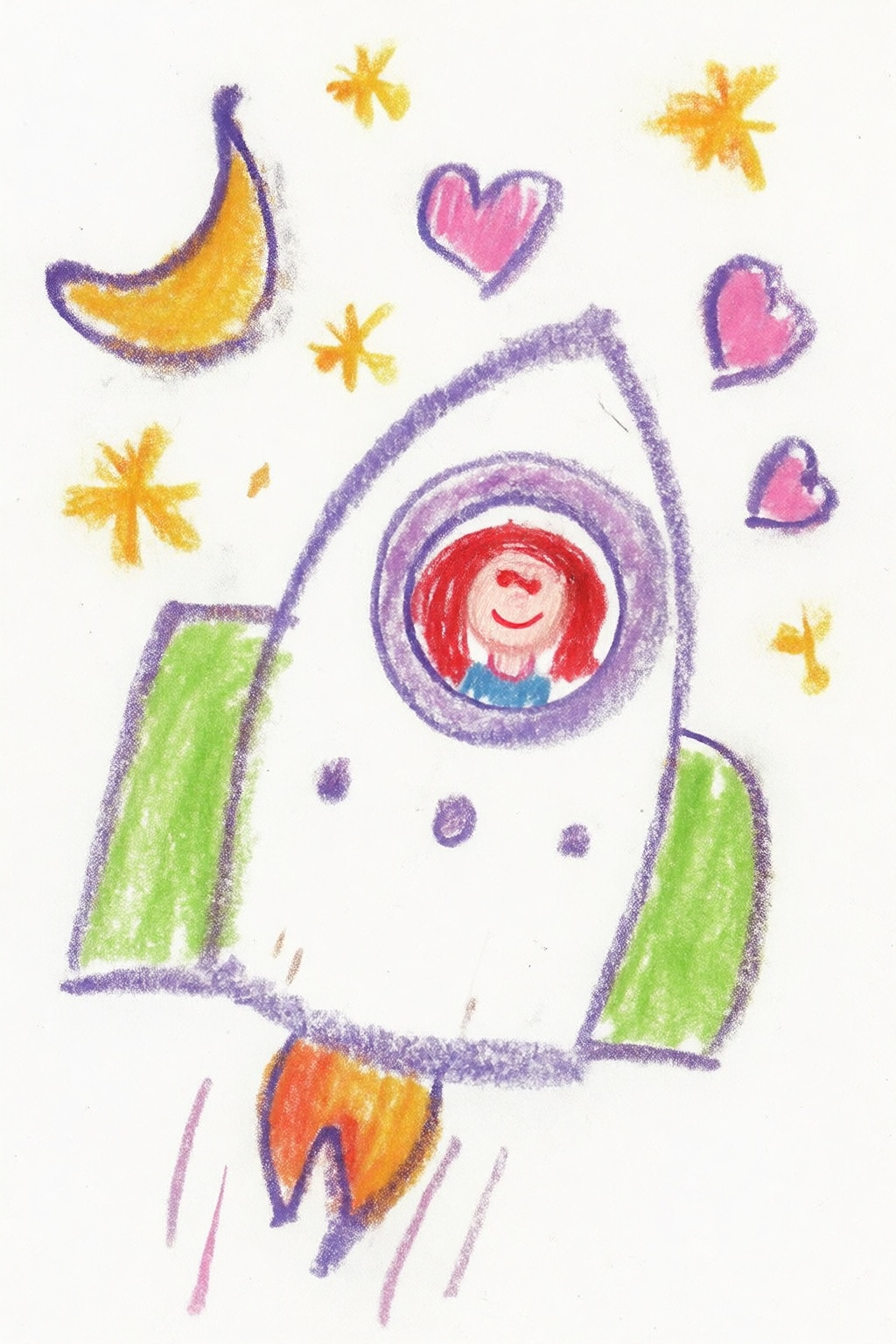 childrencrayondrawing2k2e6. This is a colorful,  whimsical drawing depicting a drawing of a rocket ship,  drawn in purple....
