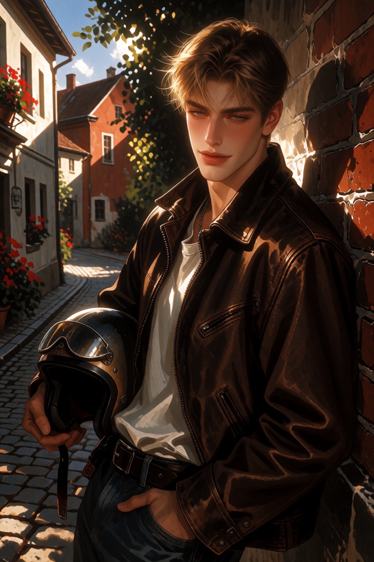 F4NT4S14STYL3,  a polished digital illustration of a handsome man leaning against a sun-warmed brick wall,  captured in a...
