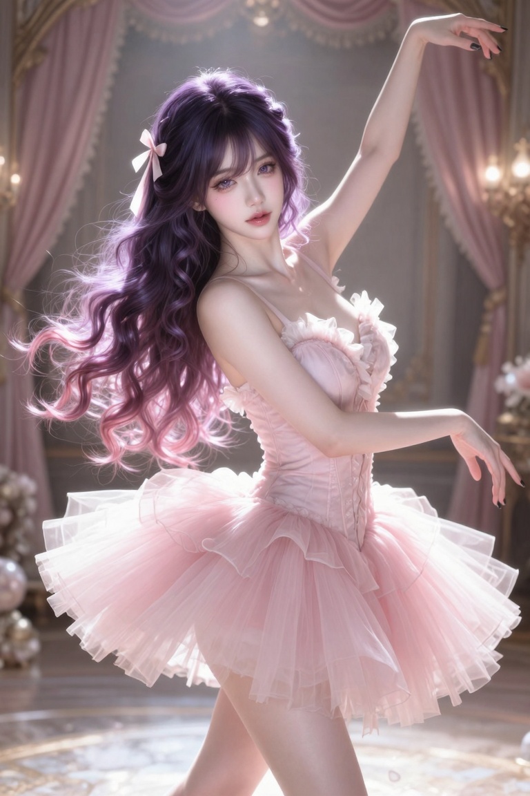 ((1 woman)),  (((Dark purple hair and pink hair ends))),  ((very long hair and wavy hair and bangs hair)) on Tensor.Art