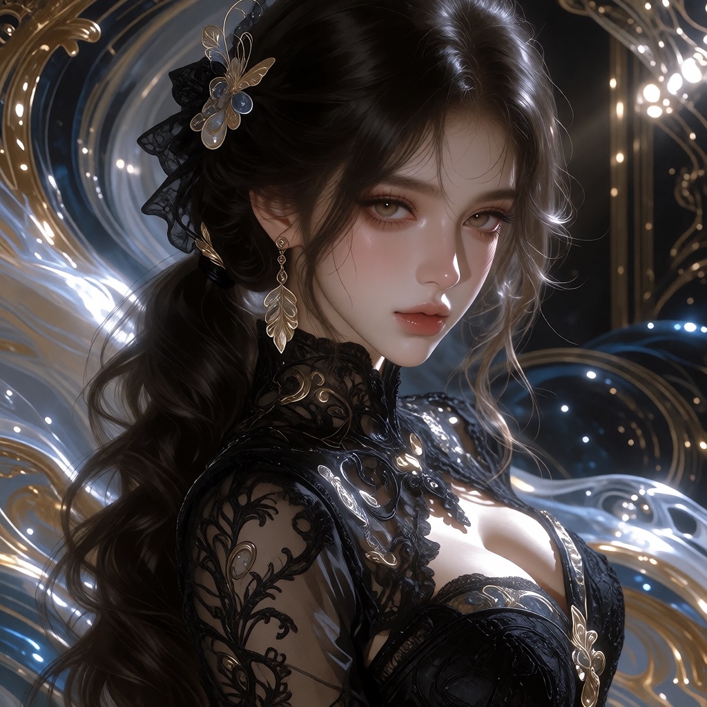 ((Generate hyper realisticimage of a stunning 20 year old girl,  )) rich intrincate detailed,  black lace dress on Tensor.Art