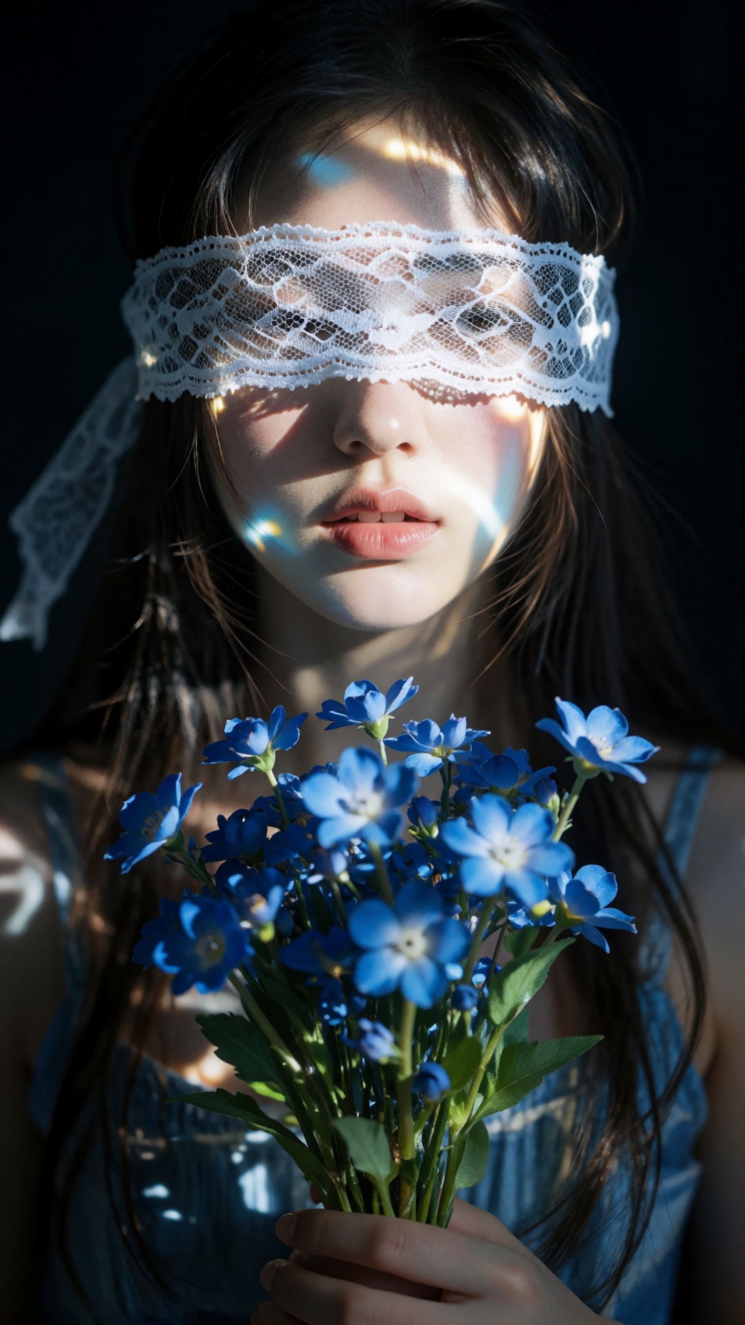 Photograph of a young woman with fair skin and long,  dark brown hair,  partially illuminated by soft on Tensor.Art