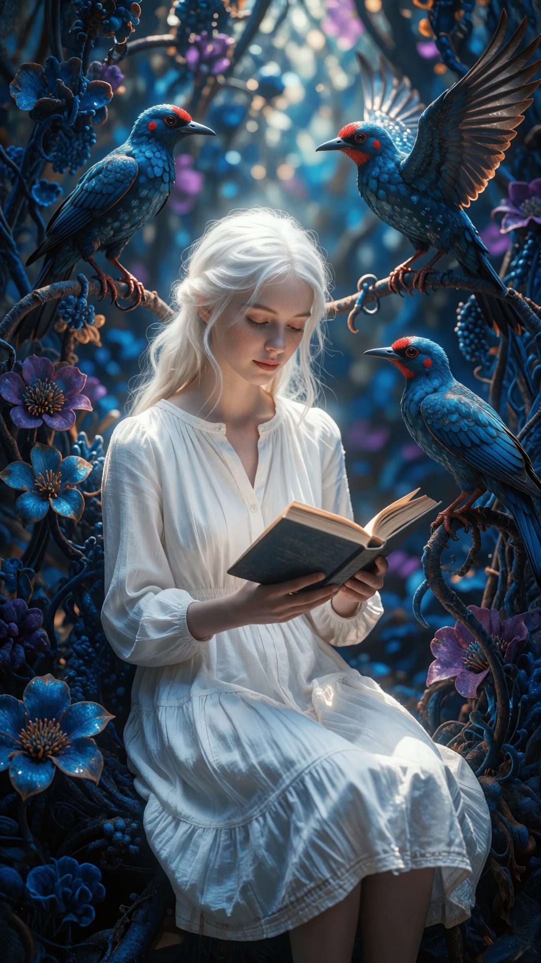 This is a digital painting in a fantasy style. It depicts a young woman with long,  white-blonde hair,  wearing a white on...