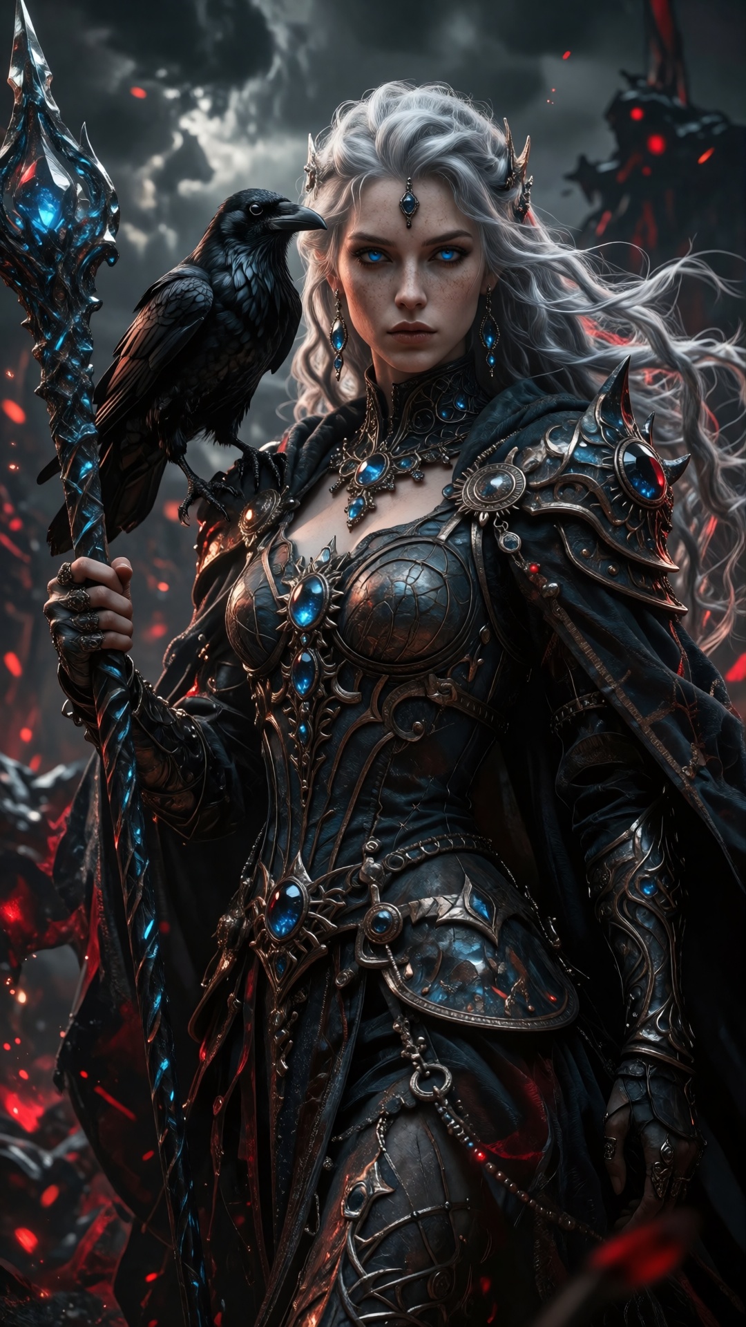 This is a highly detailed,  digital fantasy artwork depicting a powerful,  silver-haired female wizard. She has fair skin...