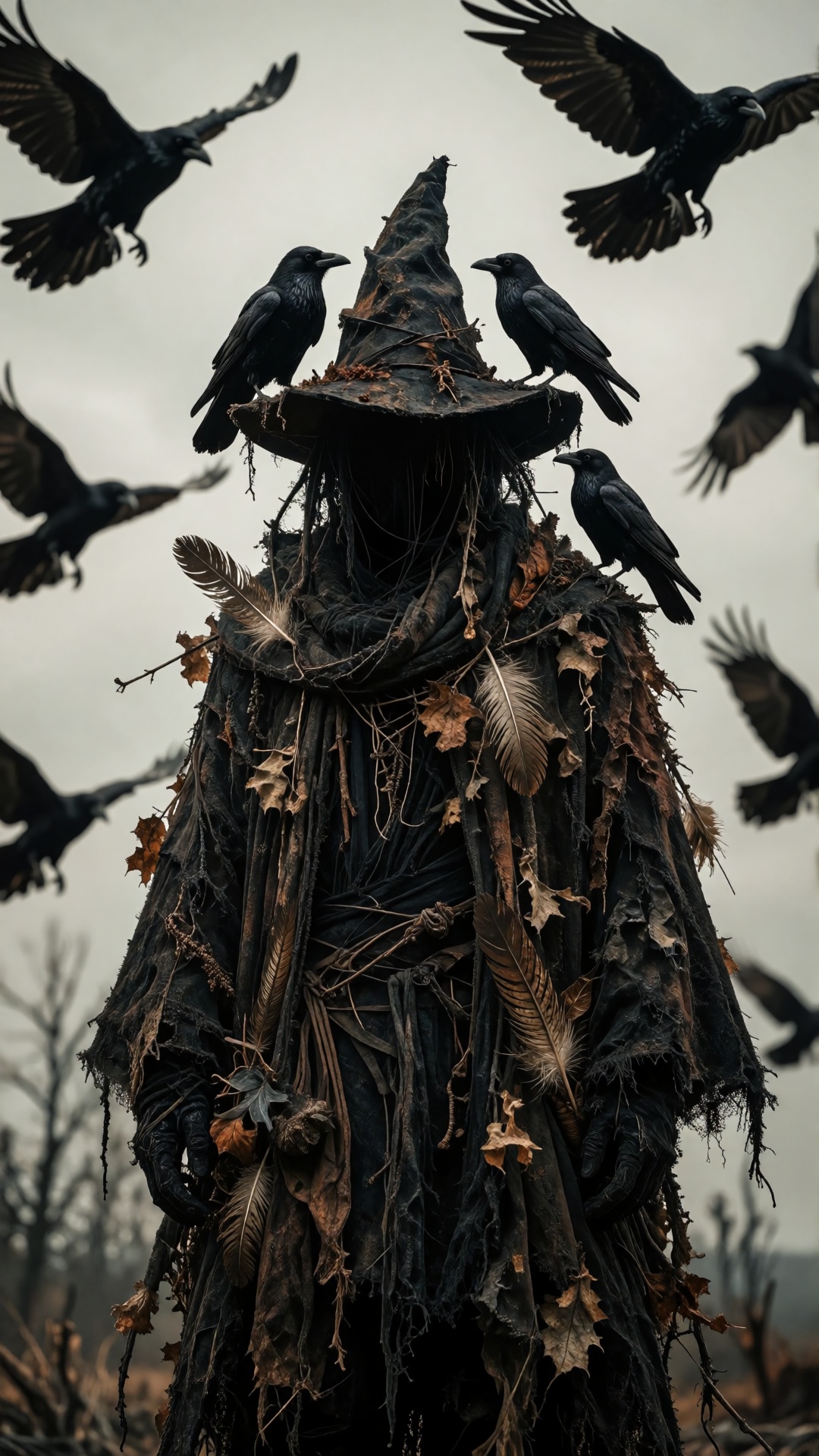 Photograph of a dark,  eerie figure dressed in a tattered,  leafy cloak adorned with dried feathers and twigs. The figure...