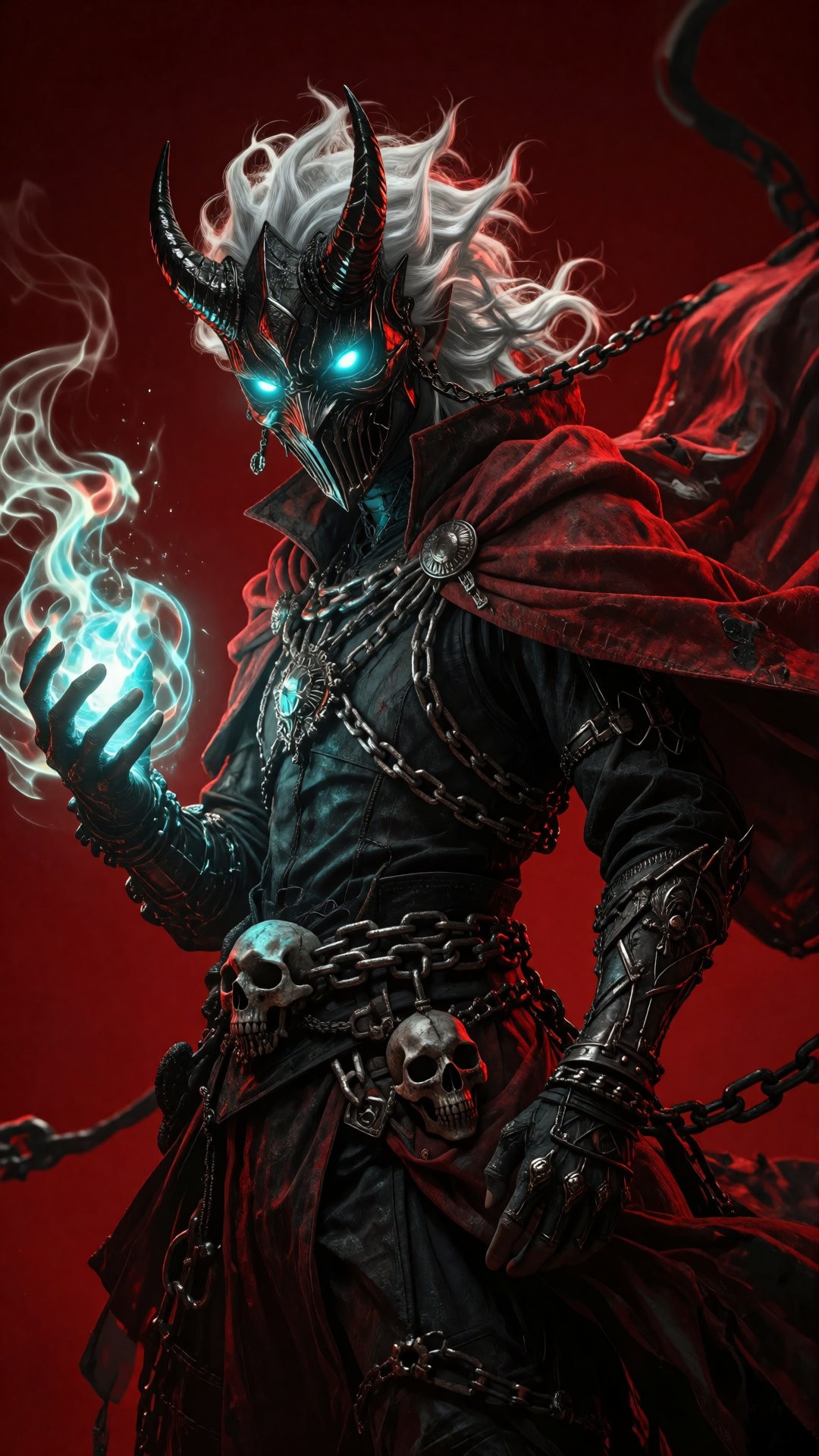 Digital artwork of a dark,  demonic figure with glowing blue eyes,  a black on Tensor.Art