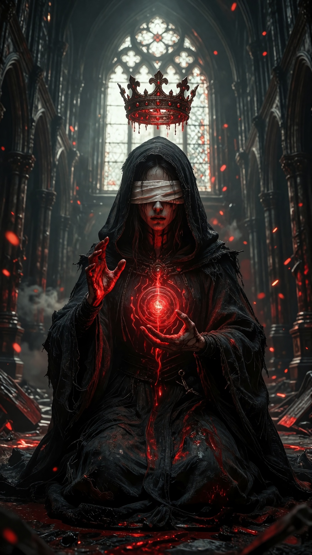 This is a digital artwork depicting a mysterious,  hooded figure kneeling in a dark,  Gothic cathedral. The figure on Tens...