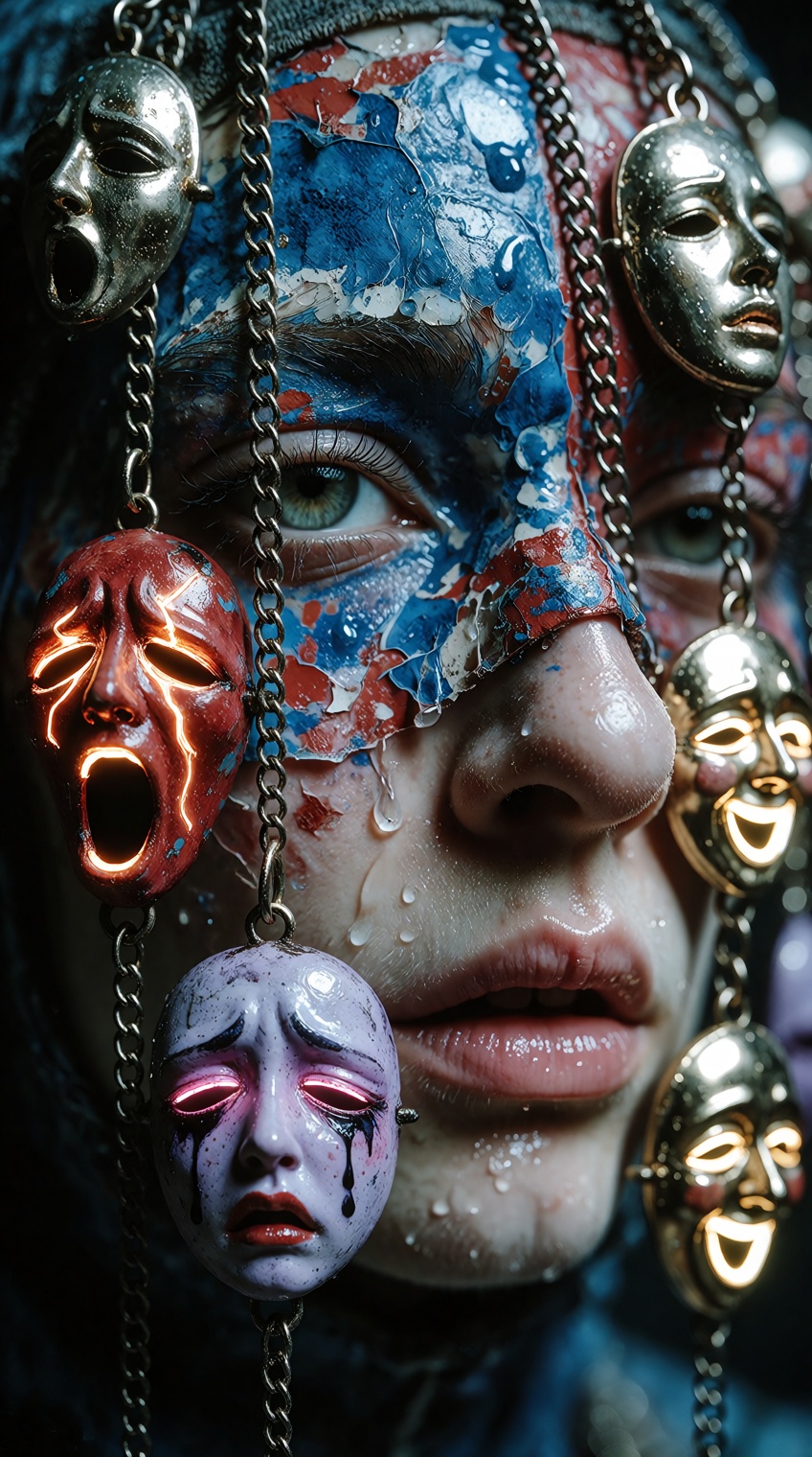 A close-up dark fantasy portrait features a person with blue and red textured,  peeling paint across their face,  partiall...