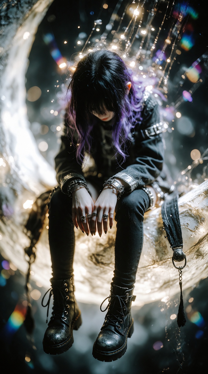 A stylistic photo of a figure sitting lazily on a Cresent moon,  their head hangs down,  their long black hair with purple...
