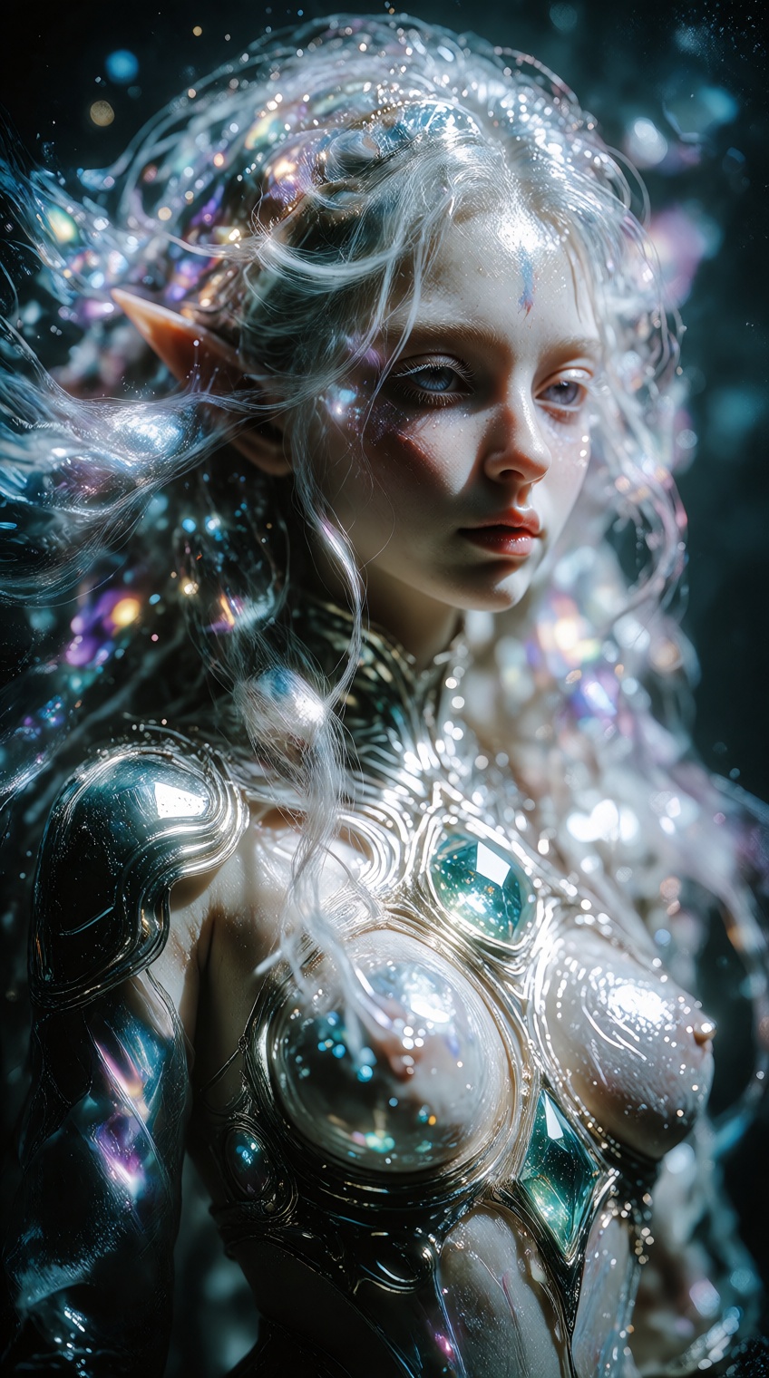 A breathtaking ethereal fantasy portrait of a mystical celestial being with long flowing iridescent hair that shimmers wit...
