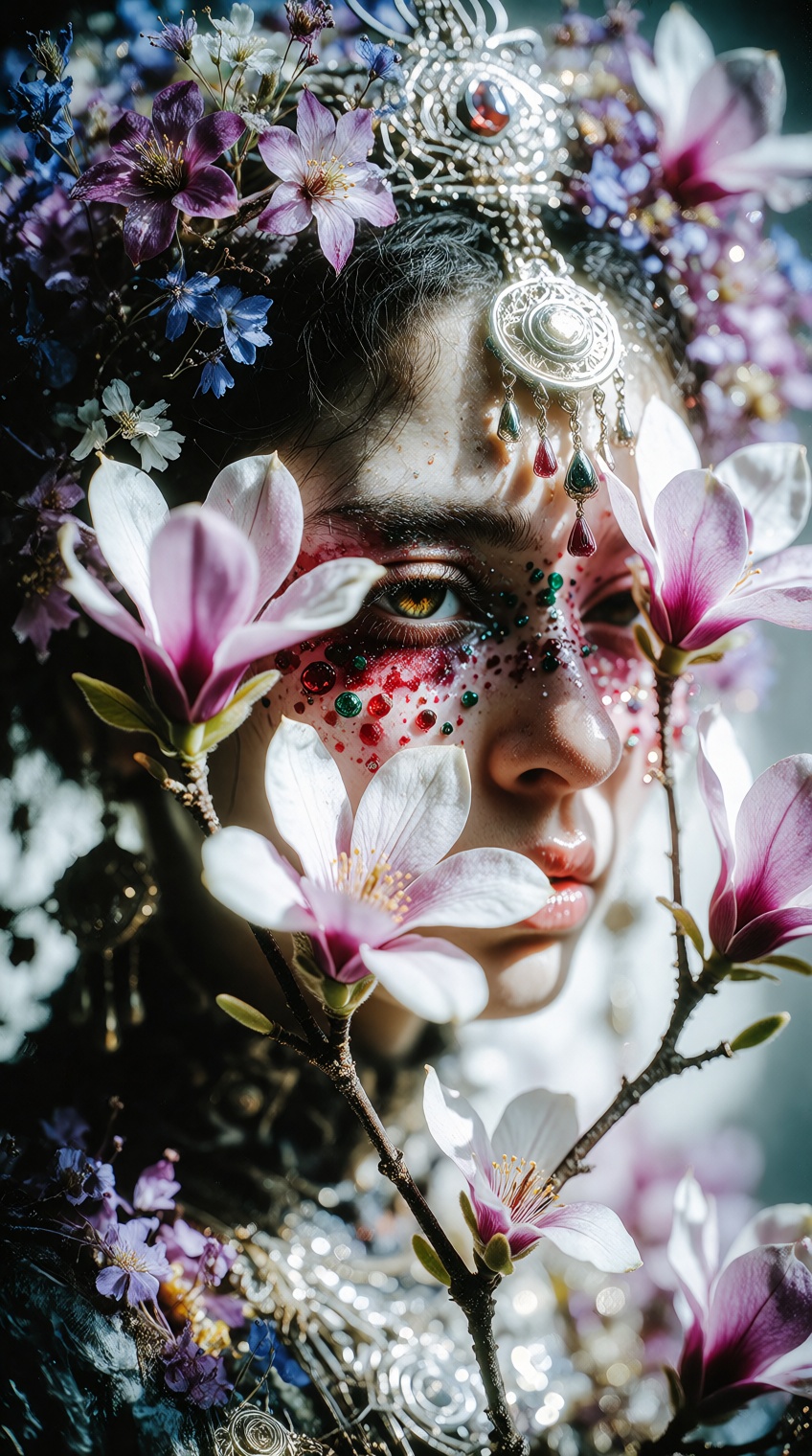 A hauntingly beautiful close-up of a woman’s face,  partially veiled behind the thin,  gnarled branches of pink magnolia b...