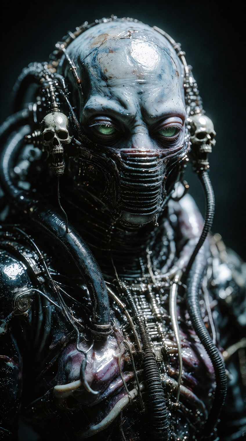 A terrifying cosmic horror creature portrait with a bald pale blue-grey alien head featuring smooth skin with subtle marki...