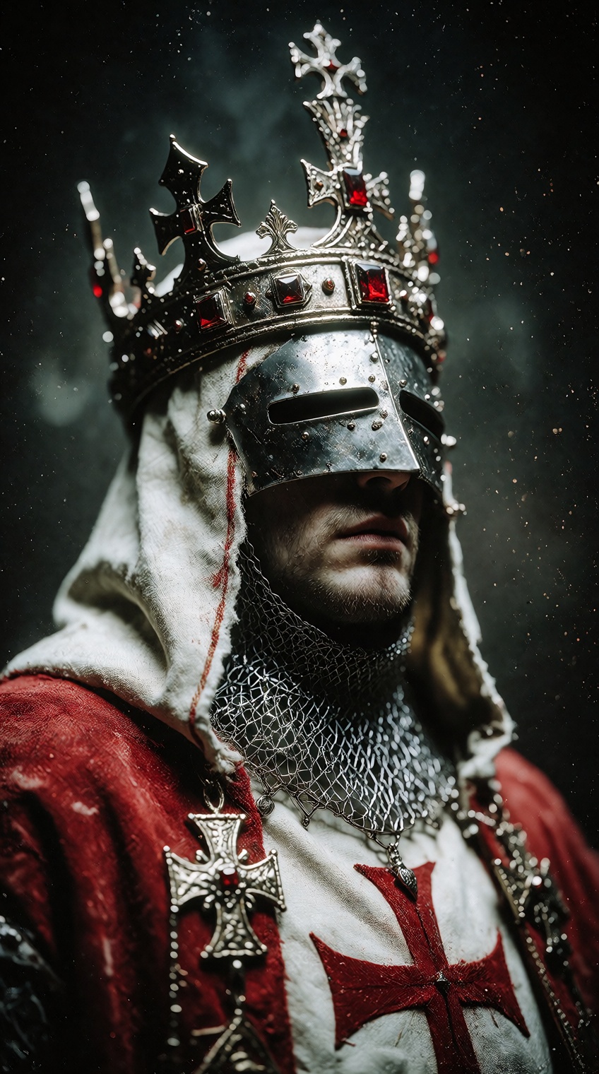 dark fantasy art style,  a dramatic close-up portrait low angle shot painting of a male grand knight wearing a highly orna...