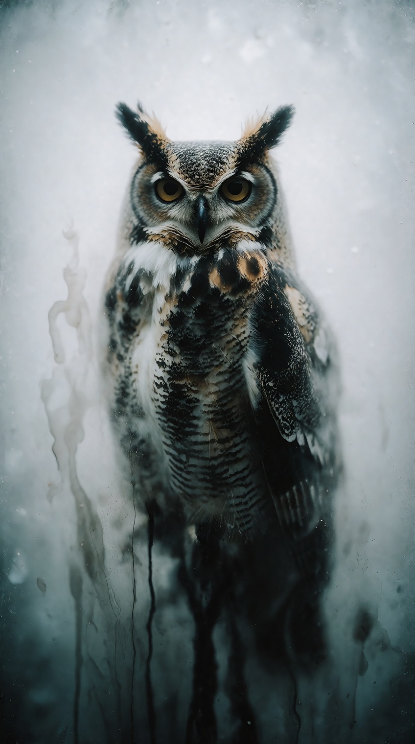 A great horned owl,  wrapped in drifting layers of fog. Shadow pooling into long trailing streaks of ink,  painted in stor...