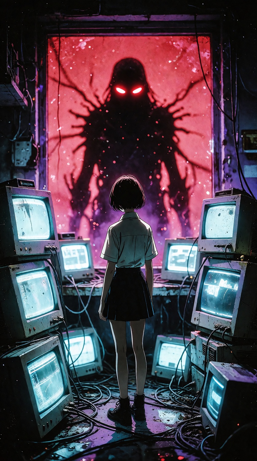 A slender young anime figure in a short-sleeved collared shirt viewed from behind,  standing motionless in a dark,  clutte...