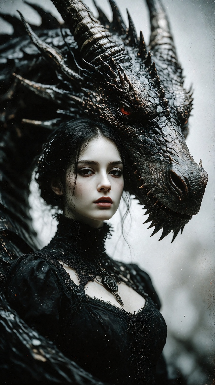 dark fantasy art style,  A close-up portrait painting of a pale woman with black hair and eyes standing next to a large da...