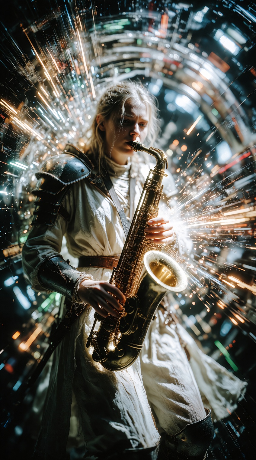 A dynamic shot of a fierce medieval warrior young woman,  with fair skin and blonde long hair,  wearing a sleek on Tensor.Art