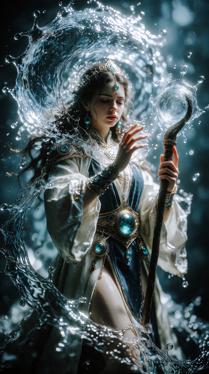 A breathtaking fantasy illustration of a powerful water mage sorceress with long flowing dark hair cascading down her back...