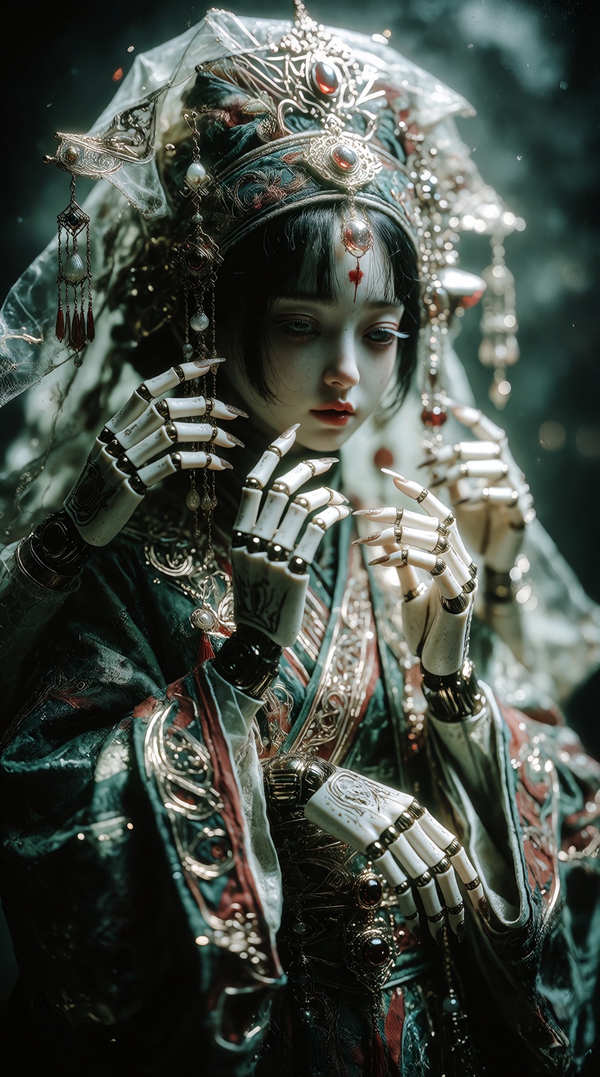 A hauntingly beautiful dark fantasy illustration of an ethereal figure with pale porcelain skin,  dark black hair with str...