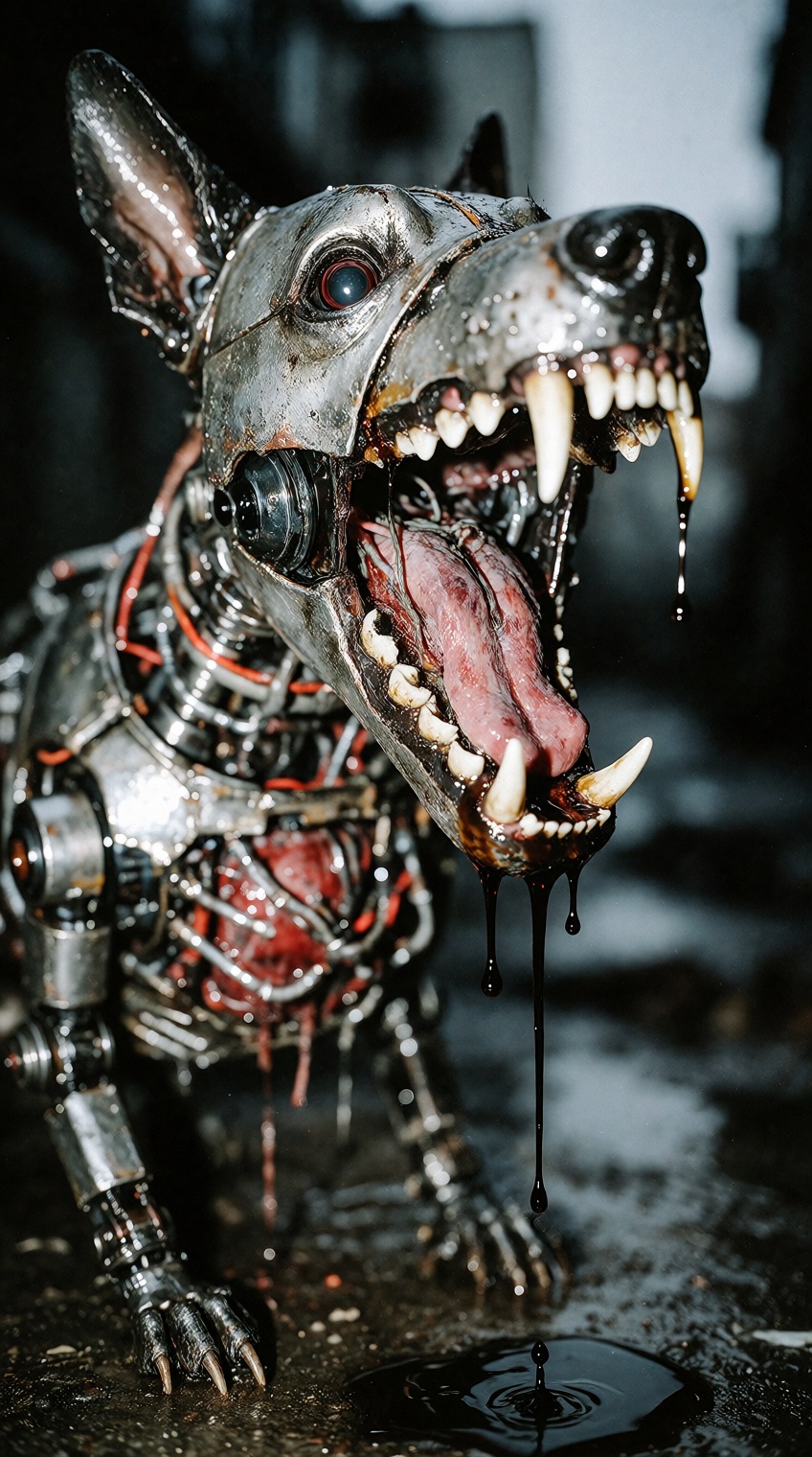 Raw smartphone candid photograph,  high ISO noise and film grain. cyber_h0und,  a stray cybernetic security dog with a bat...