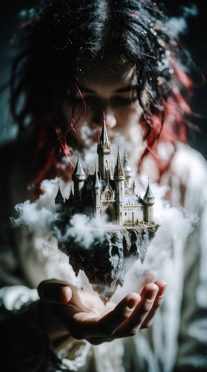 a surreal close-up shot focusing on a human hand holding a floating,  miniature gothic castle island. The castle features...