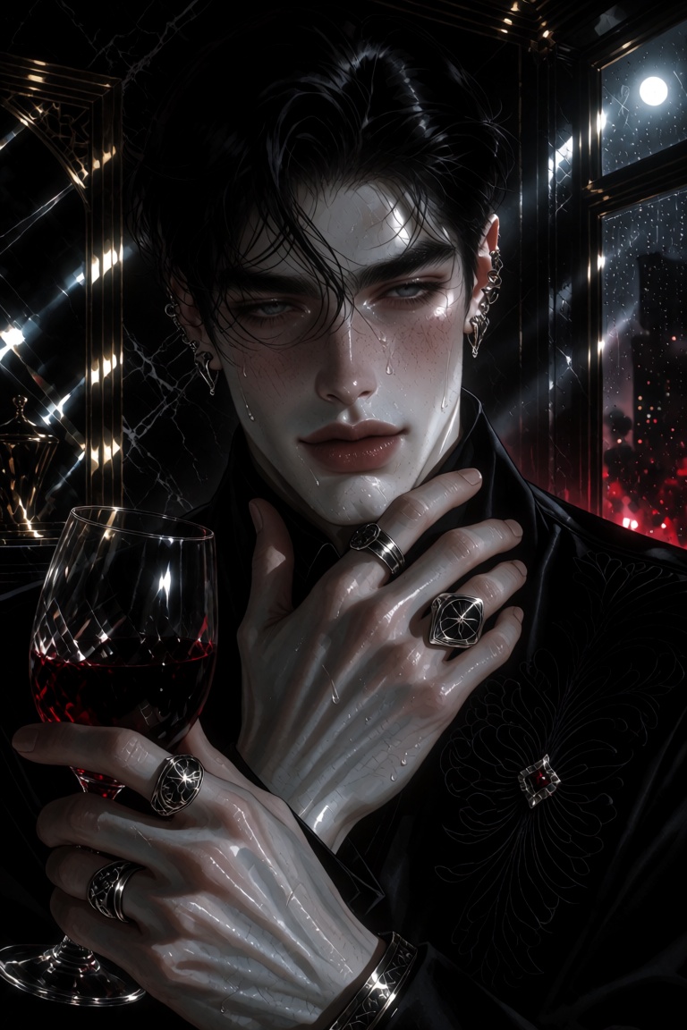 A polished digital illustration of an extraordinarily handsome man captured in an intimate chest-up portrait,  rendered in...