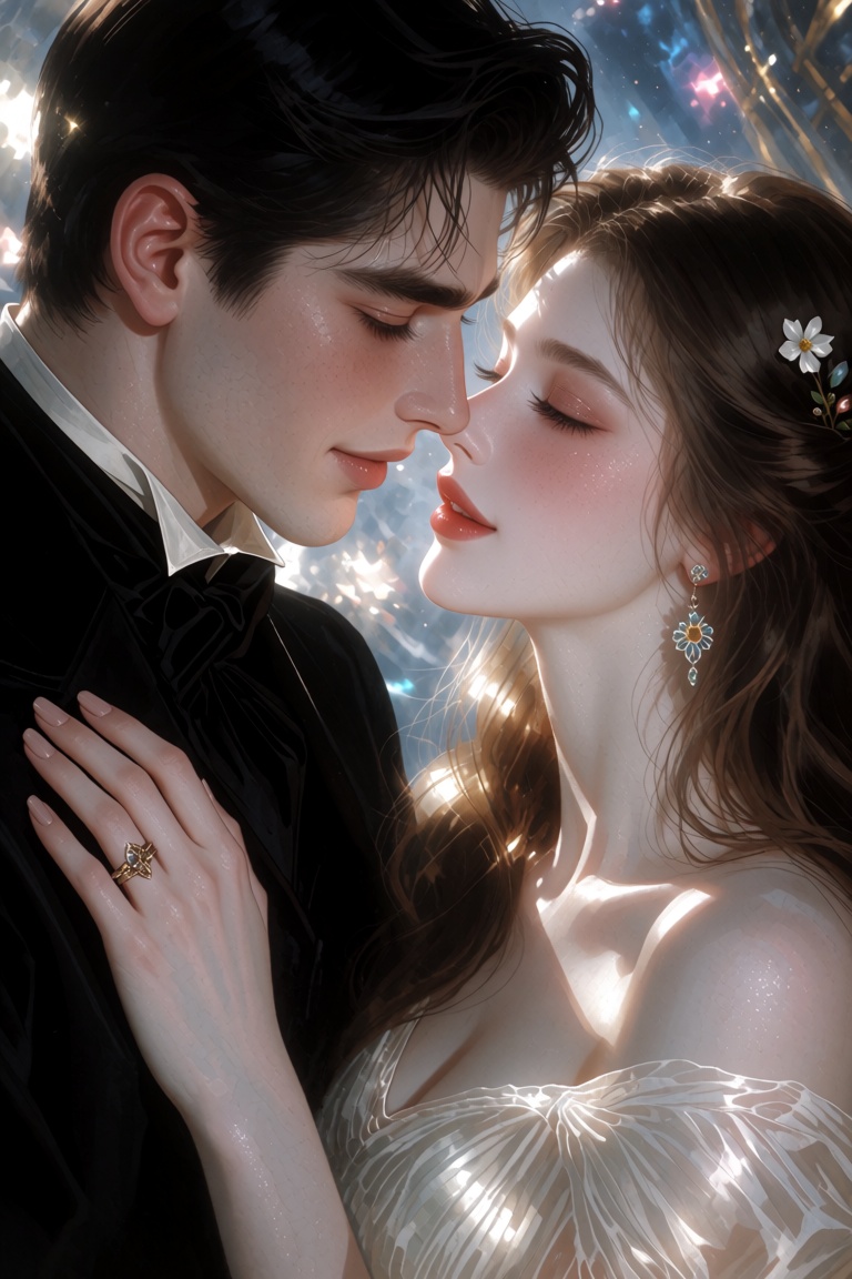 A polished digital illustration of an intimate romantic moment between an extraordinarily handsome aristocratic gentleman...