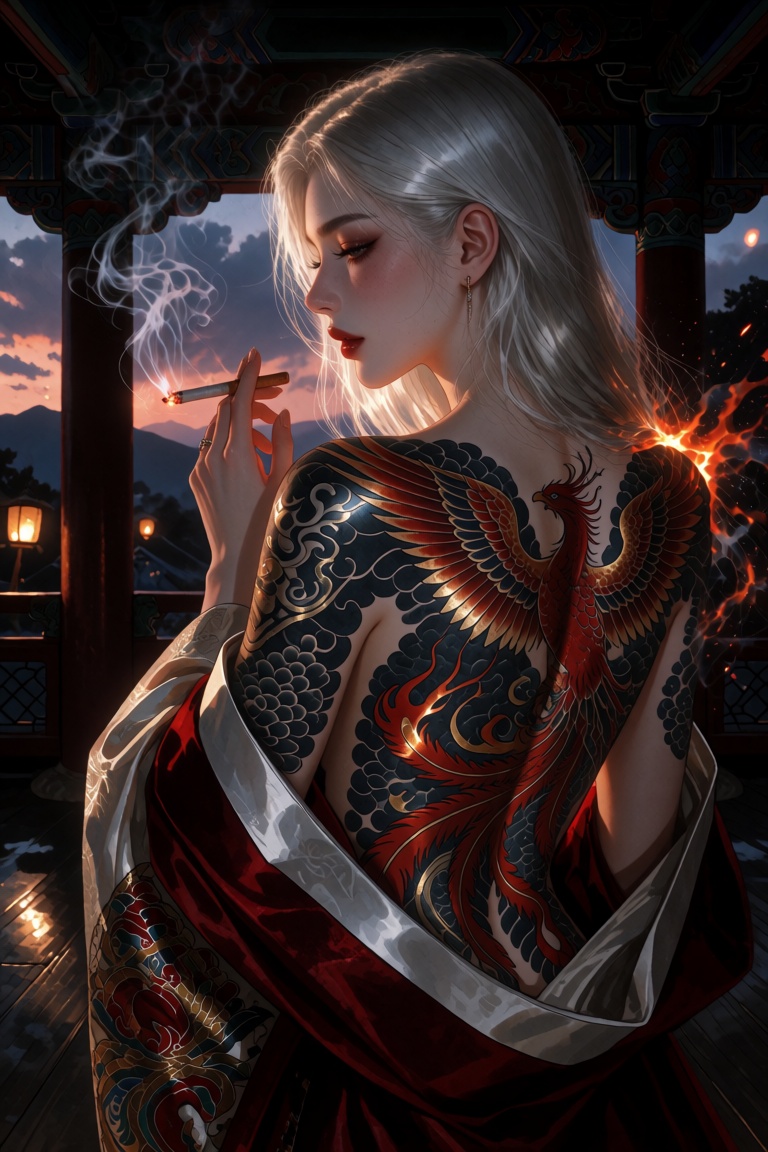 A polished digital illustration of a captivating woman captured from a rear three-quarter view,  rendered in a manhwa art...