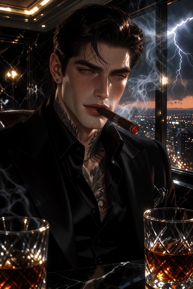 A polished digital illustration of an extraordinarily handsome mafia chairman captured in a dramatic semi-closeup portrait...