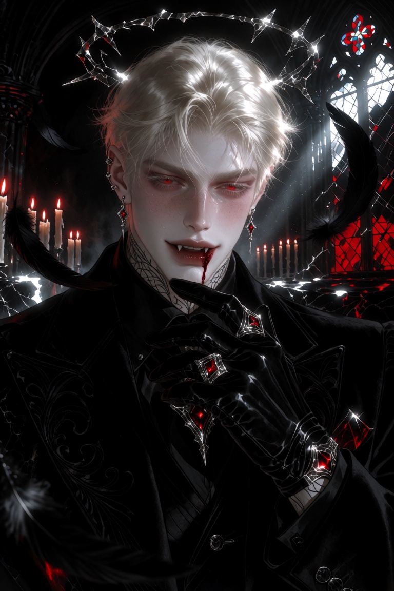 A polished digital illustration of an extraordinarily handsome platinum-blond fallen angel crime boss captured in an intim...