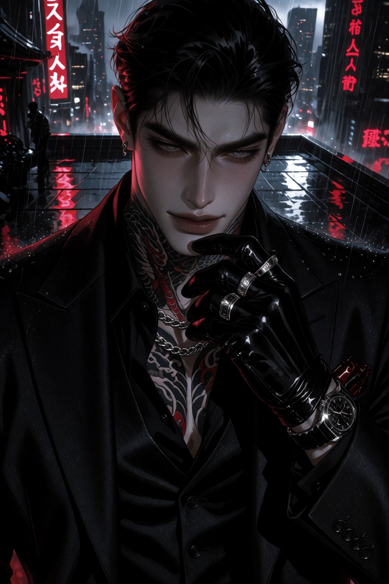 A polished digital illustration of an intimidatingly handsome man rendered in a manhwa art style with razor-clean line wor...