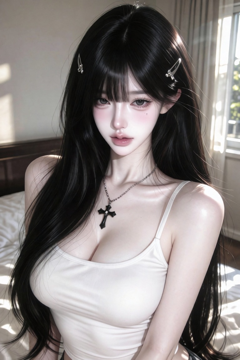 A soft,  elegant portrait of a young Asian woman with very long straight black hair,  wearing silver hair clips on both si...