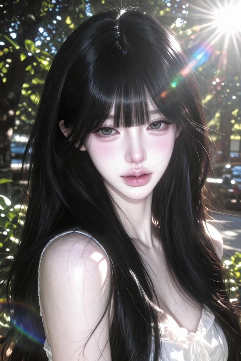 A beautiful young woman with long black hair and bangs,  with sunlight filtering through the trees and creating lens flare...