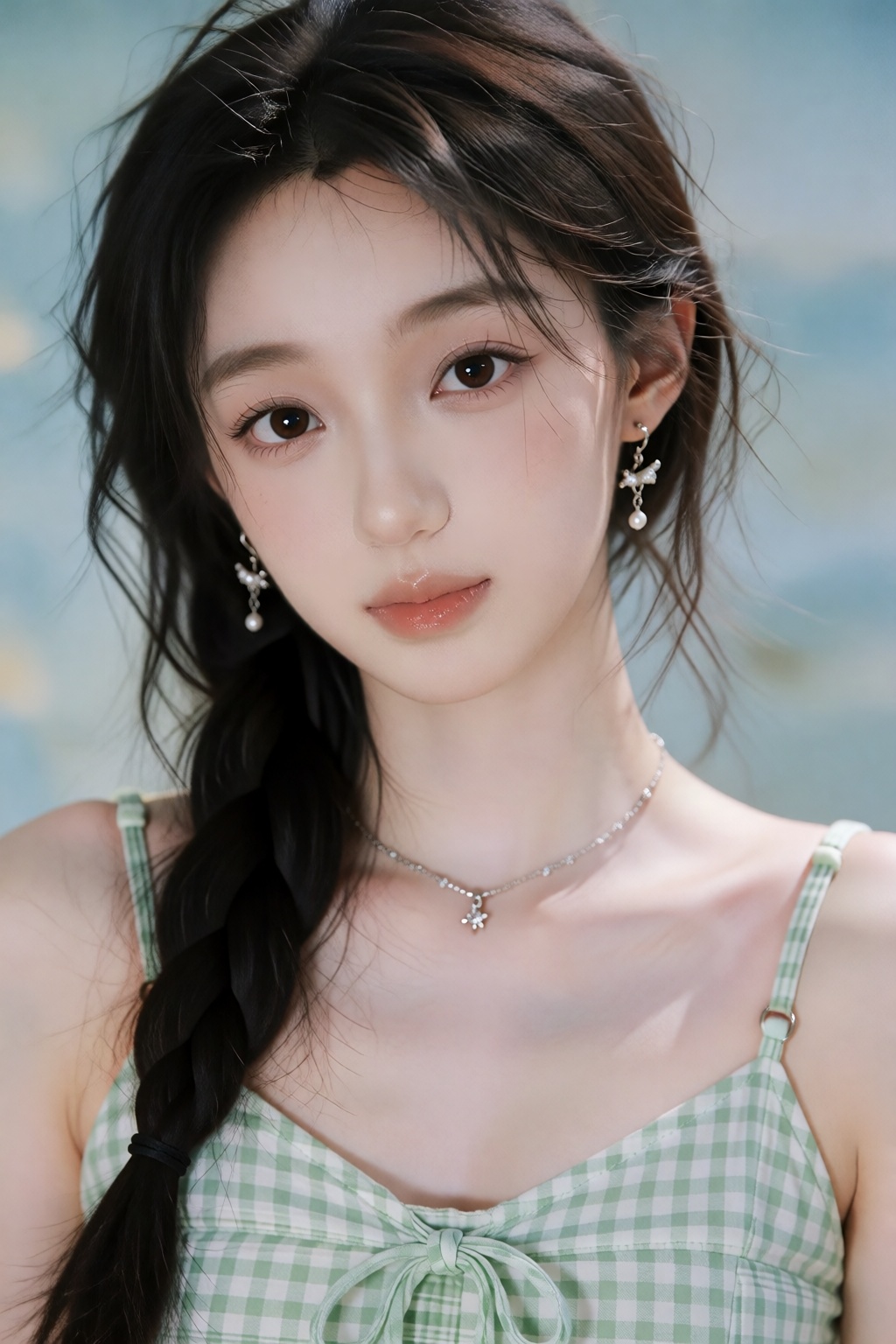 照片上是一位皮肤白皙、五官精致的东亚年轻女子。她有一头深棕色的长发,  编成松散的侧辫,  垂在右肩上。她深棕色的大眼睛柔和地聚焦在镜头上 by 让AI更感性 on Tensor.Art