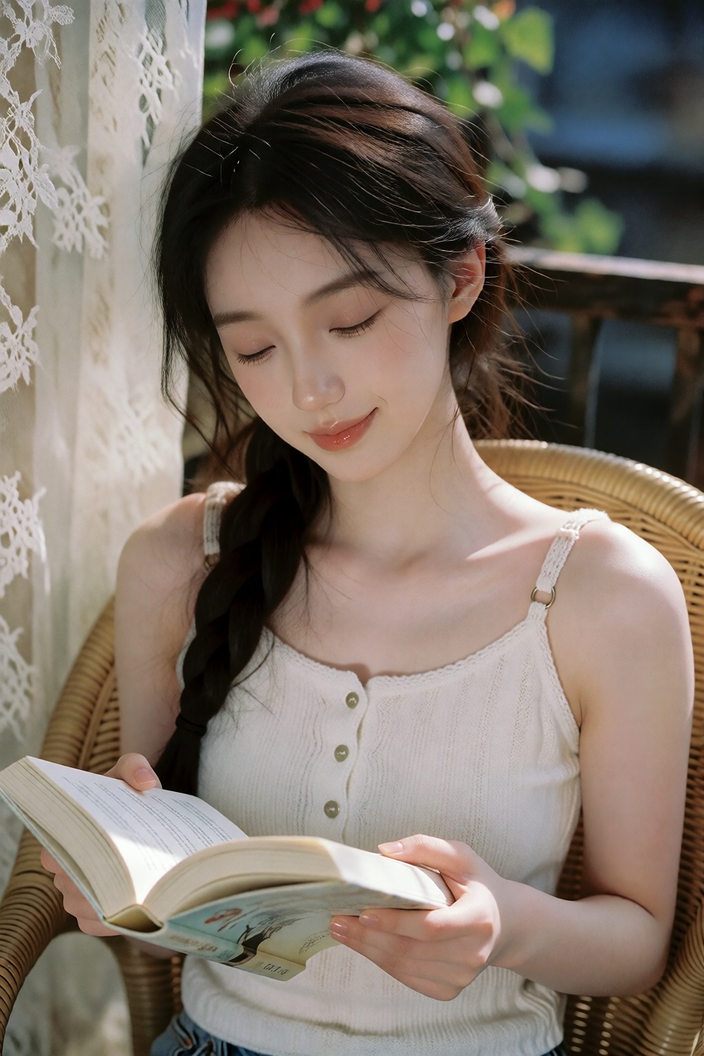 照片中,  一位亚洲女性坐在户外的藤椅上,  皮肤白皙 by 让AI更感性 on Tensor.Art