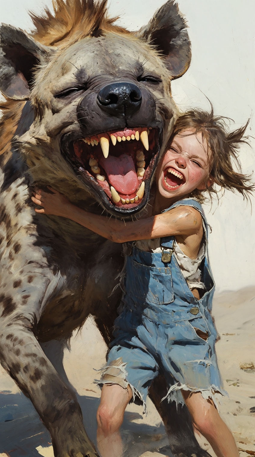 An energetic and joyful oil painting of a messy-haired girl playing roughly or hugging a massive spotted hyena. The hyena...