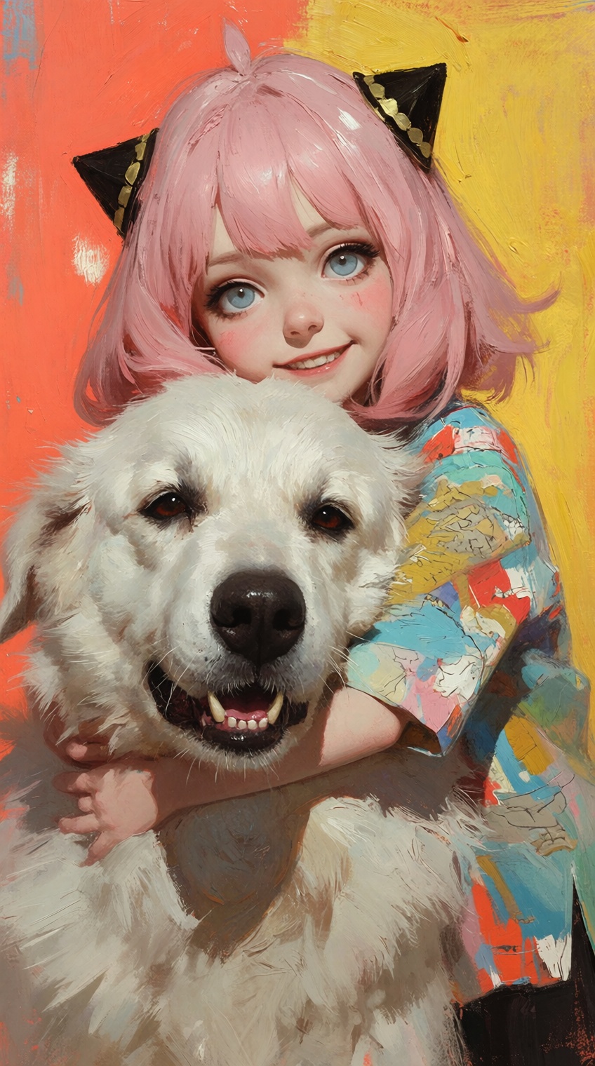 An expressive oil painting of Anya Forger with her signature short light-pink hair,  small black conical hair ornaments,...