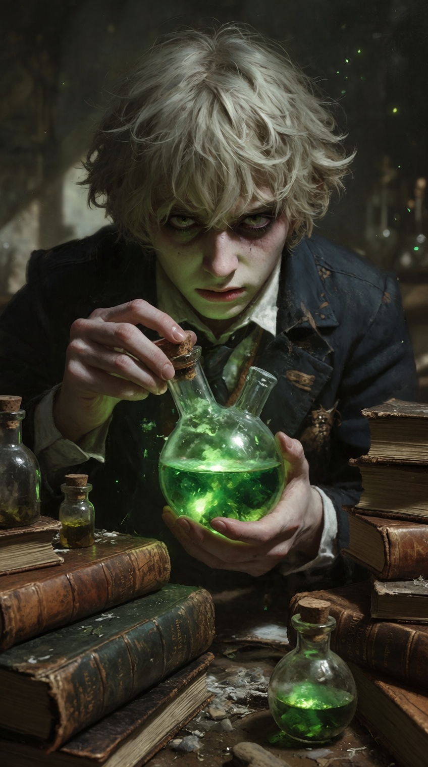 A moody close-up of a young scholar sitting amidst piles of ancient leather-bound books and glass vials in a dark study. H...