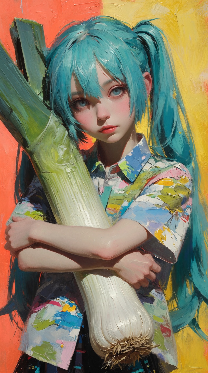 An expressive oil painting of Hatsune Miku with her iconic long vibrant turquoise twin pigtails,  straight bangs,  and ros...