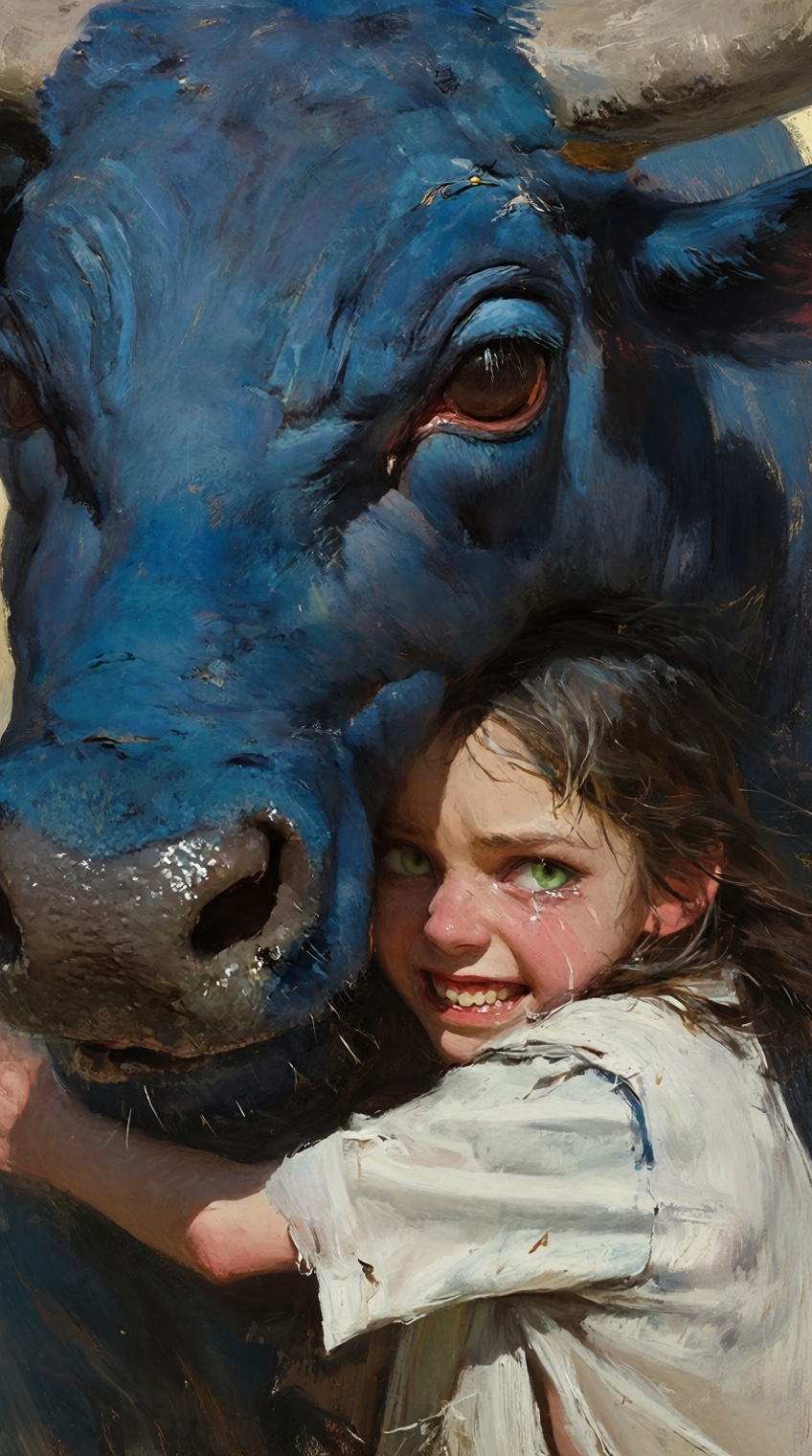 A visceral and chaotic close-up oil painting of a young girl with messy brown hair and teary green eyes,  tenderly hugging...