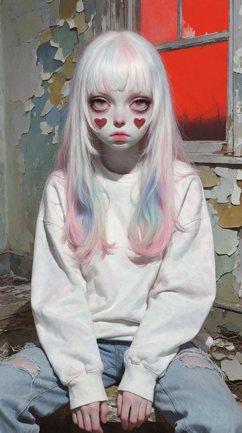 A surreal,  pastel-gothic portrait of a pale character with long white hair dipping into pink,  sitting in a dilapidated r...