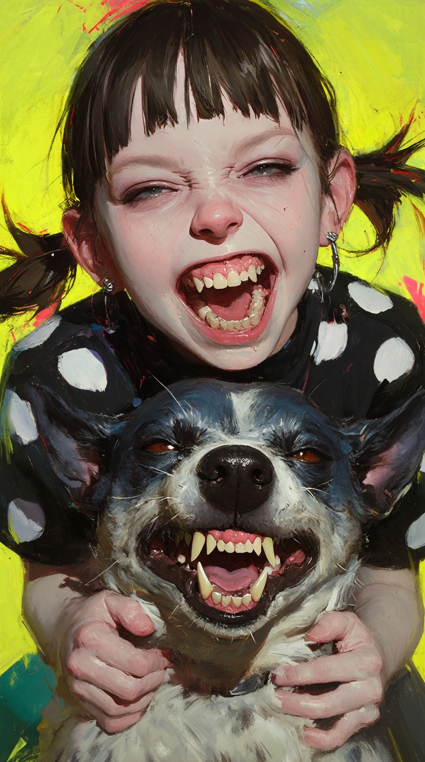 A visceral and chaotic close-up oil painting of a girl with dark pigtails grinning widely,  showing her teeth,  while hugg...